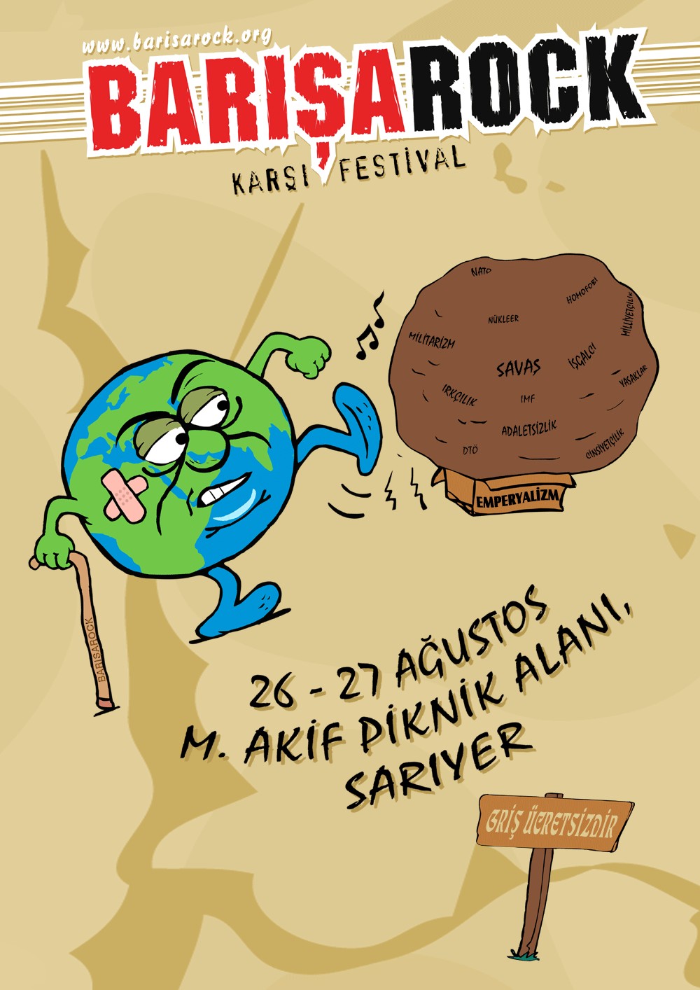 Barışarock 2006 Karşı Festival afişi, emperyalizm yazılı çuvala tekme