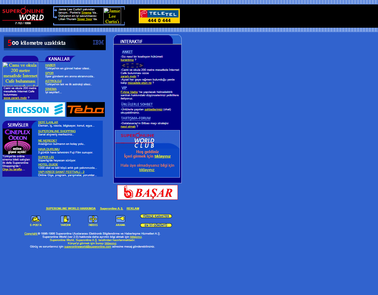 Superonline World ana sayfası, Aralık 1998